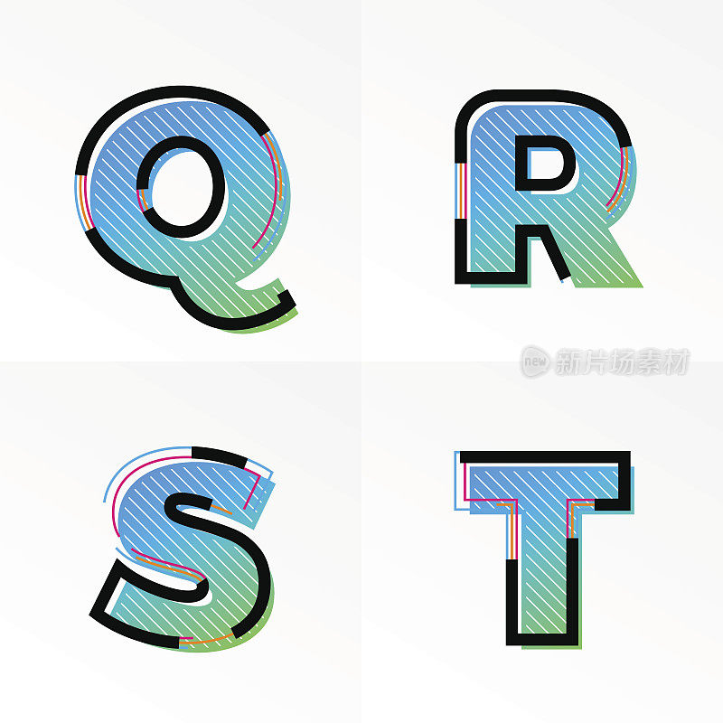 字体字母集字母Q, R, S, T向量梯度颜色复古